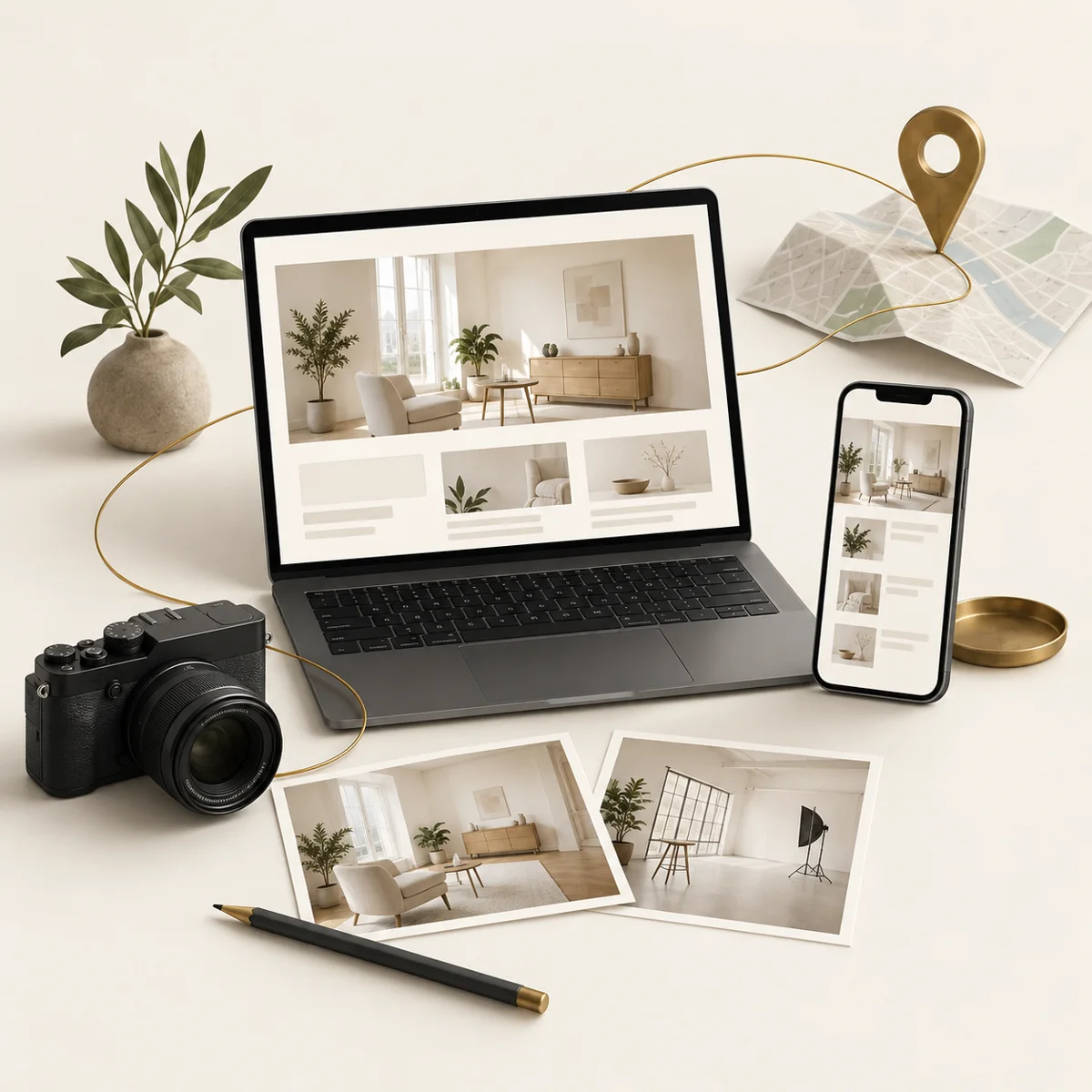 Illustration: Kamera, Fotos und Texte werden zu Website und Unternehmensprofil